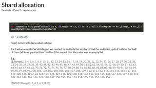 Shard allocation
Example - Case 2 - explanation
val = 2.000.000
map() turned into (key,value), where:
Each value was a list of all integers we needed to multiply the key by to find the multiples up to 2 million. For half
of them (all keys greater than 1 million) this meant that the value was an empty list
E.g.:
(2, Range(2, 3, 4, 5, 6, 7, 8, 9, 10, 11, 12, 13, 14, 15, 16, 17, 18, 19, 20, 21, 22, 23, 24, 25, 26, 27, 28, 29, 30, 31, 32,
33, 34, 35, 36, 37, 38, 39, 40, 41, 42, 43, 44, 45, 46, 47, 48, 49, 50, 51, 52, 53, 54, 55, 56, 57, 58, 59, 60, 61, 62, 63,
64, 65, 66, 67, 68, 69, 70, 71, 72, 73, 74, 75, 76, 77, 78, 79, 80, 81, 82, 83, 84, 85, 86, 87, 88, 89, 90, 91, 92, 93, 94,
95, 96, 97, 98, 99, 100, 101, 102, 103, 104, 105, 106, 107, 108, 109, 110, 111, 112, 113, 114, 115, 116, 117, 118,
119, 120, 121, 122, 123, 124, 125, 126, 127, 128, 129, 130, 131, 132, 133, 134, 135, 136, 137, 138, 139, 140, 141,
142, 143, 144, 145, 146, 147, 148, 149, 150, 151, 152, 153, 154, 155, 156, 157, 158, 159,...
...
(200013,Range(2, 3, 4, 5, 6, 7, 8, 9))
 