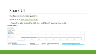 Spark UI
Run Spark in local mode (pyspark) .
Spark UI is at http://localhost:4040
You will be able to see the RDD sizes and Identify slow running tasks.
 