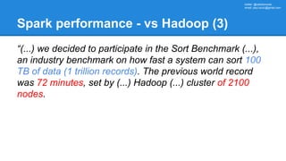 twitter: @rabbitonweb,
email: paul.szulc@gmail.com
Spark performance - vs Hadoop (3)
“(...) we decided to participate in t...
