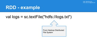 twitter: @rabbitonweb,
email: paul.szulc@gmail.com
RDD - example
val logs = sc.textFile("hdfs://logs.txt")
From Hadoop Dis...