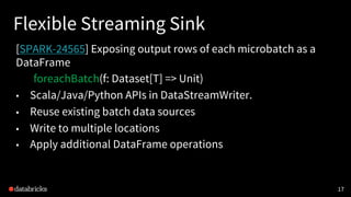 Flexible Streaming Sink
[SPARK-24565] Exposing output rows of each microbatch as a
DataFrame
foreachBatch(f: Dataset[T] => Unit)
• Scala/Java/Python APIs in DataStreamWriter.
• Reuse existing batch data sources
• Write to multiple locations
• Apply additional DataFrame operations
17
 