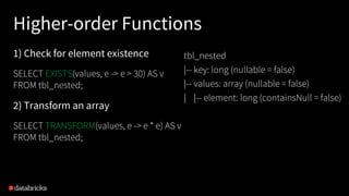 1) Check for element existence
SELECT EXISTS(values, e -> e > 30) AS v
FROM tbl_nested;
2) Transform an array
SELECT TRANSFORM(values, e -> e * e) AS v
FROM tbl_nested;
tbl_nested
|-- key: long (nullable = false)
|-- values: array (nullable = false)
| |-- element: long (containsNull = false)
Higher-order Functions
 