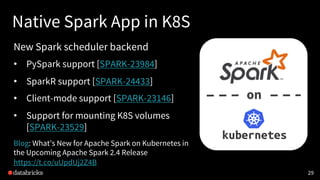 Native Spark App in K8S
New Spark scheduler backend
• PySpark support [SPARK-23984]
• SparkR support [SPARK-24433]
• Client-mode support [SPARK-23146]
• Support for mounting K8S volumes
[SPARK-23529]
Blog: What’s New for Apache Spark on Kubernetes in
the Upcoming Apache Spark 2.4 Release
https://t.co/uUpdUj2Z4B
29
on
 