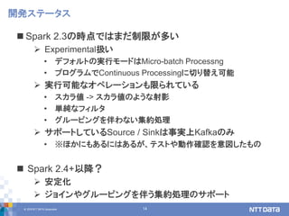 © 2018 NTT DATA Corporation 14
 Spark 2.3の時点ではまだ制限が多い
 Experimental扱い
• デフォルトの実行モードはMicro-batch Processng
• プログラムでContinuous Processingに切り替え可能
 実行可能なオペレーションも限られている
• スカラ値 -> スカラ値のような射影
• 単純なフィルタ
• グルーピングを伴わない集約処理
 サポートしているSource / Sinkは事実上Kafkaのみ
• ※ほかにもあるにはあるが、テストや動作確認を意図したもの
 Spark 2.4+以降？
 安定化
 ジョインやグルーピングを伴う集約処理のサポート
開発ステータス
 