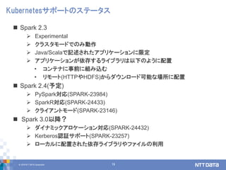 © 2018 NTT DATA Corporation 19
 Spark 2.3
 Experimental
 クラスタモードでのみ動作
 Java/Scalaで記述されたアプリケーションに限定
 アプリケーションが依存するライブラリは以下のように配置
• コンテナに事前に組み込む
• リモート(HTTPやHDFS)からダウンロード可能な場所に配置
 Spark 2.4(予定)
 PySpark対応(SPARK-23984)
 SparkR対応(SPARK-24433)
 クライアントモード(SPARK-23146)
 Spark 3.0以降？
 ダイナミックアロケーション対応(SPARK-24432)
 Kerberos認証サポート(SPARK-23257)
 ローカルに配置された依存ライブラリやファイルの利用
Kubernetesサポートのステータス
 