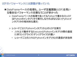© 2018 NTT DATA Corporation 22
 DataFrameベースの処理も、ユーザ定義関数(UDF)を用い
る場合はパフォーマンスを損なうことが多かった
 DataFrameベースの処理であってもPythonで書かれたUDF
はPythonのインタプリタで実行しなければならない(Pythonイ
ンタプリタの相対的な遅さ)
 レコードごとにPythonインタプリタ上のUDFを実行
• JVM上で動作するExecutorとPythonインタプリタ間の通信
に伴うシリアライズ/デシリアライズが遅い
• レコードごとのJVMとPythonインタプリタとの通信が非効率
UDFのパフォーマンスには課題が残っていた
 