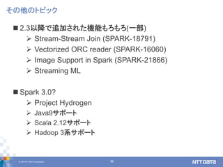 © 2018 NTT DATA Corporation 39
 2.3以降で追加された機能もろもろ(一部)
 Stream-Stream Join (SPARK-18791)
 Vectorized ORC reader (SPARK-16060)
 Image Support in Spark (SPARK-21866)
 Streaming ML
 Spark 3.0?
 Project Hydrogen
 Java9サポート
 Scala 2.12サポート
 Hadoop 3系サポート
その他のトピック
 