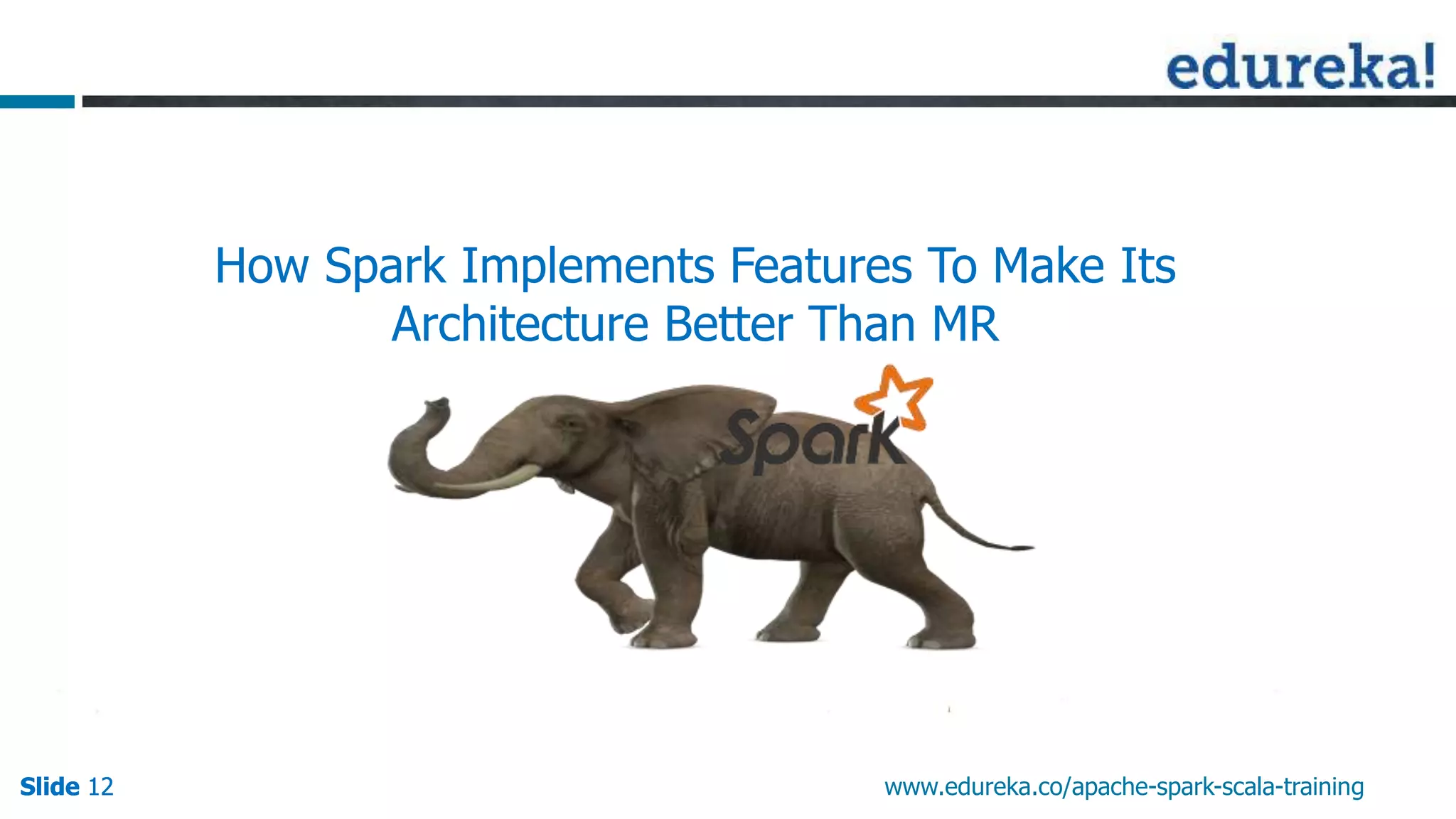 Slide 12Slide 12Slide 12 www.edureka.co/apache-spark-scala-training
How Spark Implements Features To Make Its
Architecture Better Than MR
 
