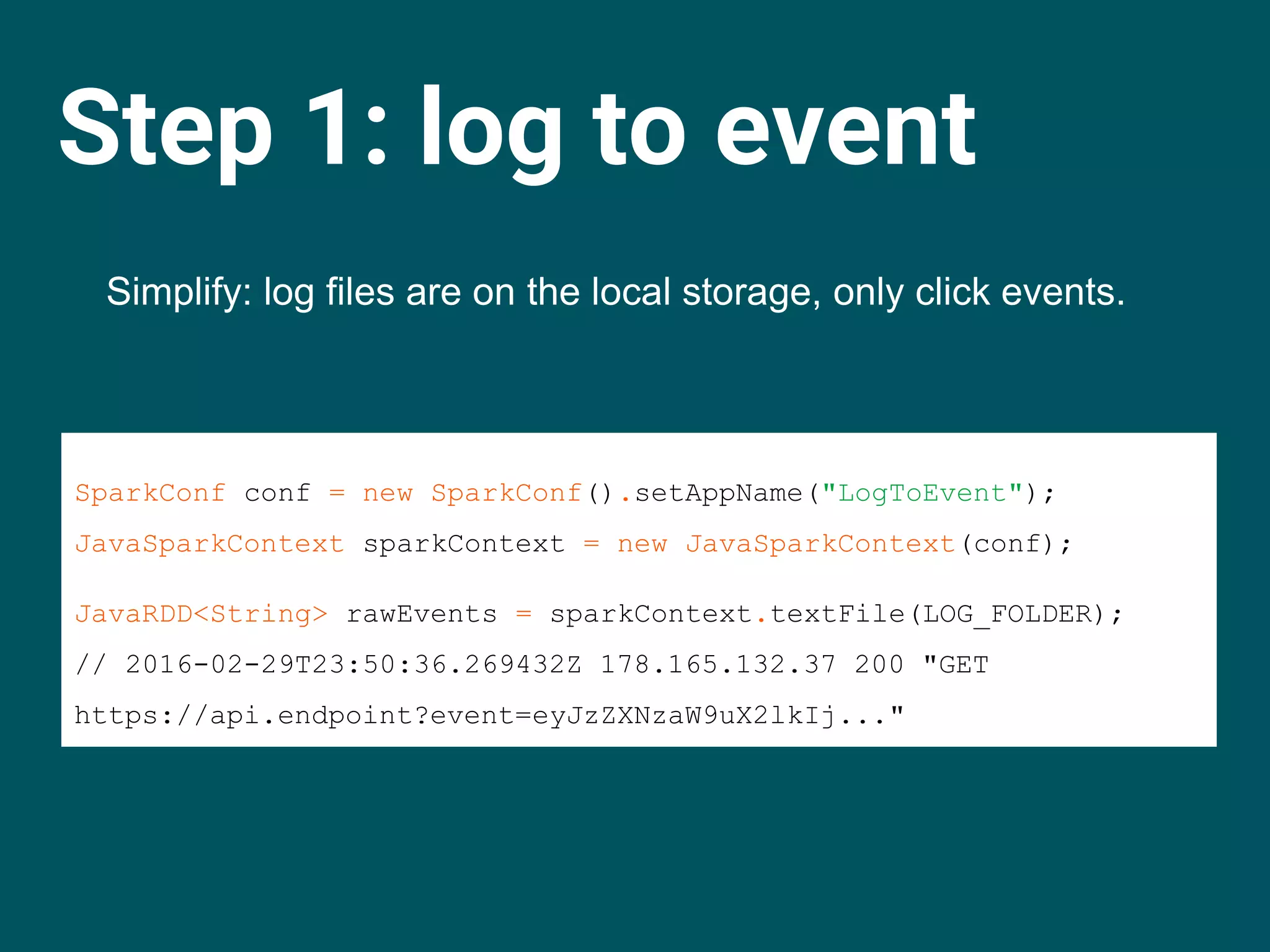 Step 1: log to event
Simplify: log files are on the local storage, only click events.
SparkConf conf = new SparkConf().setAppName("LogToEvent");
JavaSparkContext sparkContext = new JavaSparkContext(conf);
JavaRDD<String> rawEvents = sparkContext.textFile(LOG_FOLDER);
// 2016-02-29T23:50:36.269432Z 178.165.132.37 200 "GET
https://api.endpoint?event=eyJzZXNzaW9uX2lkIj..."
 
