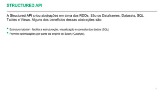 STRUCTURED API
A Structured API criou abstrações em cima das RDDs. São os Dataframes, Datasets, SQL
Tables e Views. Alguns dos benefícios dessas abstrações são:
• Estrutura tabular - facilita a estruturação, visualização e consulta dos dados (SQL)
• Permite optimizações por parte da engine do Spark (Catalyst).
29
 