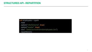 STRUCTURED API - REPARTITION
37
val employees = spark
.read
.option("inferSchema", true)
.option("header", true)
.csv("../data/csv/northwind/employees.csv")
.repartition(4)
 