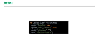 BATCH
38
val usersCSVDF = spark.read
.option("header", true)
.option("infer_schema", true)
.option("delimiter", ";")
.csv("../data/csv/users/")
 