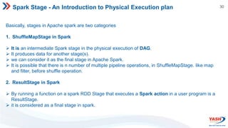 30
Spark Stage - An Introduction to Physical Execution plan
Basically, stages in Apache spark are two categories
1. ShuffleMapStage in Spark
 It is an intermediate Spark stage in the physical execution of DAG.
 It produces data for another stage(s).
 we can consider it as the final stage in Apache Spark.
 It is possible that there is n number of multiple pipeline operations, in ShuffleMapStage. like map
and filter, before shuffle operation.
2. ResultStage in Spark
 By running a function on a spark RDD Stage that executes a Spark action in a user program is a
ResultStage.
 it is considered as a final stage in spark.
 