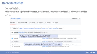 © 2021 NTT DATA Corporation 31
Dockerfileのありか
Dockerfile自体は
/resource-managers/kubernetes/docker/src/main/dockerfiles/spark/Dockerfile
に存在
entrypoint (起動時に実行されるスクリプト)もここに
PySpark, SparkR用のDockerfileが格納
 