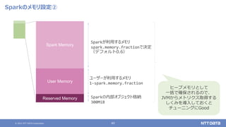 © 2021 NTT DATA Corporation 40
Sparkのメモリ設定②
Sparkが利用するメモリ
spark.memory.fractionで決定
（デフォルト0.6）
ユーザーが利用するメモリ
1-spark.memory.fraction
User Memory
Spark Memory
Reserved Memory Sparkの内部オブジェクト格納
300MiB
ヒープメモリとして
一括で確保されるので、
JVMからメトリクス取得する
しくみを導入しておくと
チューニングにGood
 