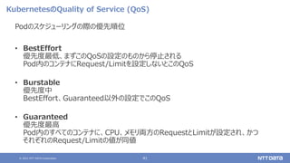 © 2021 NTT DATA Corporation 41
KubernetesのQuality of Service (QoS)
Podのスケジューリングの際の優先順位
• BestEffort
優先度最低、まずこのQoSの設定のものから停止される
Pod内のコンテナにRequest/Limitを設定しないとこのQoS
• Burstable
優先度中
BestEffort、Guaranteed以外の設定でこのQoS
• Guaranteed
優先度最高
Pod内のすべてのコンテナに、CPU、メモリ両方のRequestとLimitが設定され、かつ
それぞれのRequest/Limitの値が同値
 