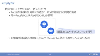 © 2021 NTT DATA Corporation 49
emptyDir
Podと同じライフサイクルの一時ディレクトリ
• Podが作成されると同時に作成され、Podが消滅すると同時に消滅
• 同一Pod内のコンテナからマウントし参照可
• 記憶媒体はkubeletの存在するファイルシステムに依存（通常ディスク or SSD）
配置されたノードのストレージを利用
 