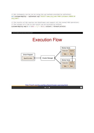 // SQL statements can be run by using the sql methods provided by sqlContext.
val​ customersByCity ​=​ sqlContext​.​sql​(​"SELECT name,zip_code FROM customers ORDER BY
zip_code"​)
// The results of SQL queries are DataFrames and support all the normal RDD operations.
// The columns of a row in the result can be accessed by ordinal.
customersByCity​.​map​(​t ​=>​ t​(​0​)​ ​+​ ​","​ ​+​ t​(​1​)).​collect​().​foreach​(​println​) 
 
 
 
 
 