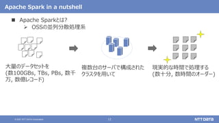 12
© 2021 NTT DATA Corporation
Apache Spark in a nutshell
 Apache Sparkとは?
 OSSの並列分散処理系
複数台のサーバで構成された
クラスタを用いて
現実的な時間で処理する
(数十分, 数時間のオーダー)
大量のデータセットを
(数100GBs, TBs, PBs, 数千
万, 数億レコード)
 
