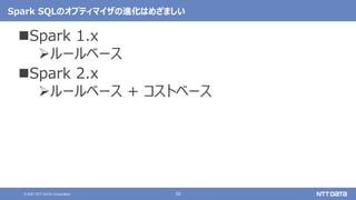 30
© 2021 NTT DATA Corporation
Spark SQLのオプティマイザの進化はめざましい
Spark 1.x
ルールベース
Spark 2.x
ルールベース + コストベース
 
