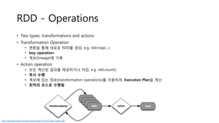 • Two types: transformations and actions
• Transformation Operation
• 변환을 통해 새로운 RDD를 생성, e.g, rdd.map(…)
• lazy operation
• 계보(lineage)에 기록
• Action operation
• 모든 계산된 결과를 제공하거나 저장, e.g. rdd.count()
• 즉시 수행
• 계보에 있는 정보(transformation operations)를 이용하여, Execution Plan을 계산
• 최적의 코스로 수행됨
RDD - Operations
http://people.csail.mit.edu/matei/papers/2012/nsdi_spark.pdf
 