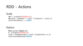 RDD - Actions
Scala:
Python:
val f = sc.textFile(“README.md”)
val words = f.flatMap(l => l.split(“ “)).map(word => (word, 1))
words.reduceByKey(_ + _).collect
from operator import add
f = sc.textFile(“README.md”)
words = f.flatMap(lambda x: x.split(’ ’)).map(lambda x: (x, 1))
words.reduceByKey(add).collect()
 