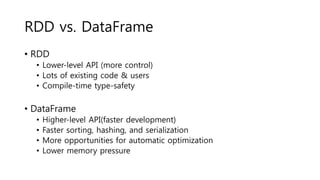 RDD vs. DataFrame
• RDD
• Lower-level API (more control)
• Lots of existing code & users
• Compile-time type-safety
• DataFrame
• Higher-level API(faster development)
• Faster sorting, hashing, and serialization
• More opportunities for automatic optimization
• Lower memory pressure
 