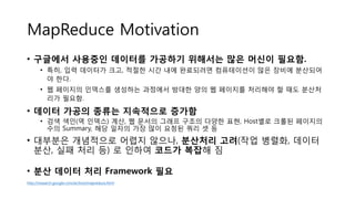 MapReduce Motivation
• 구글에서 사용중인 데이터를 가공하기 위해서는 많은 머신이 필요함.
• 특히, 입력 데이터가 크고, 적절한 시간 내에 완료되려면 컴퓨테이션이 많은 장비에 분산되어
야 한다.
• 웹 페이지의 인덱스를 생성하는 과정에서 방대한 양의 웹 페이지를 처리해야 할 때도 분산처
리가 필요함.
• 데이터 가공의 종류는 지속적으로 증가함
• 검색 색인(역 인덱스) 계산, 웹 문서의 그래프 구조의 다양한 표현, Host별로 크롤된 페이지의
수의 Summary, 해당 일자의 가장 많이 요청된 쿼리 셋 등
• 대부분은 개념적으로 어렵지 않으나, 분산처리 고려(작업 병렬화, 데이터
분산, 실패 처리 등) 로 인하여 코드가 복잡해 짐
• 분산 데이터 처리 Framework 필요
http://research.google.com/archive/mapreduce.html
 