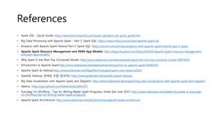 References
• Spark SQL - Quick Guide: https://www.tutorialspoint.com/spark_sql/spark_sql_quick_guide.htm
• Big Data Processing with Apache Spark - Part 2: Spark SQL: https://www.infoq.com/articles/apache-spark-sql
• Analytics with Apache Spark Tutorial Part 2: Spark SQL: https://dzone.com/articles/analytics-with-apache-spark-tutorial-part-2-spark
• Apache Spark Resource Management and YARN App Models: http://blog.cloudera.com/blog/2014/05/apache-spark-resource-management-
and-yarn-app-models/
• Why Spark Is the Next Top (Compute) Model: http://www.slideshare.net/deanwampler/spark-the-next-top-compute-model-39976454
• Introduction to Apache Spark:http://www.slideshare.net/datamantra/introduction-to-apache-spark-45062010
• Apache Spark & Hadoop:http://www.slideshare.net/MapRTechnologies/spark-overviewjune2014
• Spark와 Hadoop, 완벽한 조합 (한국어): http://www.slideshare.net/pudidic/spark-hadoop
• Big Data visualization with Apache Spark and Zeppelin: http://www.slideshare.net/prajods/big-data-visualization-with-apache-spark-and-zeppelin
• latency: https://gist.github.com/hellerbarde/2843375
• Everyday I'm Shuffling - Tips for Writing Better Spark Programs, Strata San Jose 2015: http://www.slideshare.net/databricks/strata-sj-everyday-
im-shuffling-tips-for-writing-better-spark-programs
• Apache Spark Architecture: http://www.slideshare.net/AGrishchenko/apache-spark-architecture
 