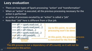 © 2021, Amazon Web Services, Inc. or its Affiliates.
13
Lazy evaluation
• There are two types of Spark processing: “action” and “transformation”
• When an “action” is executed, all the previous processing necessary for the
action is performed
• as series of processes excuted by an “action” is called a “job”
• Note that “Job” here is different from a Glue job.
>>> df1 = spark.read.csv(…)
>>> df2 = spark.read.json(…)
>>> df3 = df1.filter(…)
>>> df4 = spark.read.csv(…)
>>> df5 = df2.join(df3, …)
>>> df5.count()
Action
Up to this point, no actual
processing won’t be done.
At this point, the previous process
is executed for the first time.
The df4 process is not a dependency of df5.count(), so it will not be
executed in this action.
 