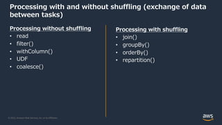 © 2022, Amazon Web Services, Inc. or its Affiliates.
Processing with and without shuffling (exchange of data
between tasks)
Processing without shuffling
• read
• filter()
• withColumn()
• UDF
• coalesce()
Processing with shuffling
• join()
• groupBy()
• orderBy()
• repartition()
 