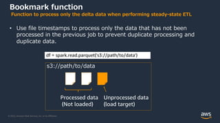 © 2022, Amazon Web Services, Inc. or its Affiliates.
Bookmark function
Function to process only the delta data when performing steady-state ETL
• Use file timestamps to process only the data that has not been
processed in the previous job to prevent duplicate processing and
duplicate data.
Processed data
(Not loaded)
Unprocessed data
(load target)
df = spark.read.parquet('s3://path/to/data')
s3://path/to/data
 