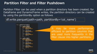 © 2022, Amazon Web Services, Inc. or its Affiliates.
Partition Filter and Filter Pushdown
Partition Filter can be used when a partition directory has been created; for
Dataframe and DynamicFrame writes, the partition directory can be created
by using the partitionBy option as follows
df.write.parquet(path=path, partitionBy='col_name')
It may be more performance
efficient to partition columns that
are used more frequently in the
filter clause into higher partitions.
 