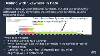 © 2022, Amazon Web Services, Inc. or its Affiliates.
Dealing with Skewness in Data
If there is data variation between partitions, the load will be unevenly
distributed to only some tasks that process large partitions, causing
processing delays.
Data is biased to only some partitions, causing a
bottleneck in processing time.
When does it happen?
• If the file size to be read is uneven
• When joining with data that has a difference in the number of records
for each join key
• Variation in the number of records per key when
df.groupBy() is performed
 
