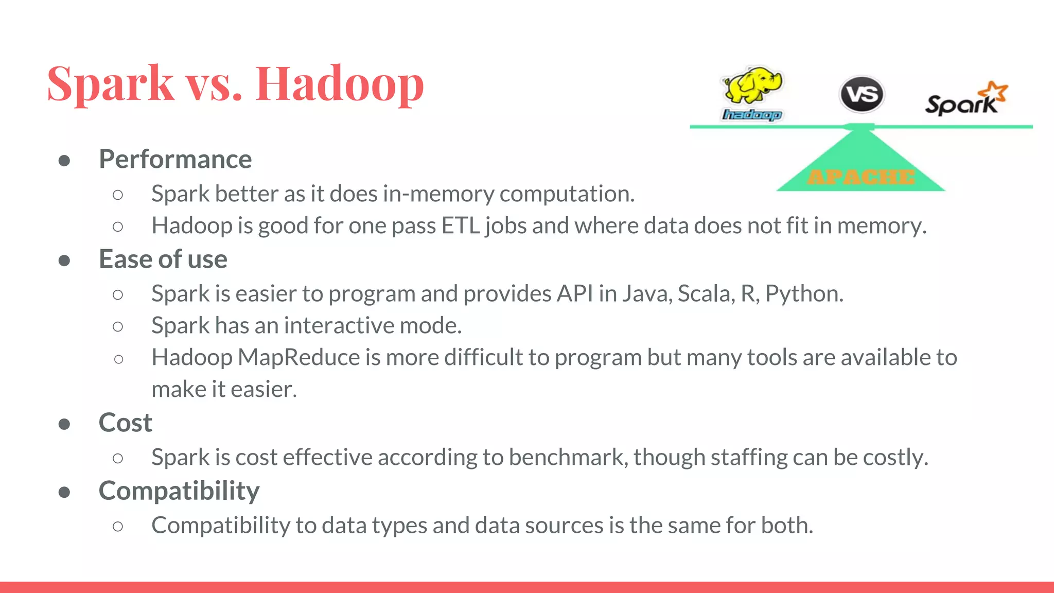 Spark vs. Hadoop
● Performance
○ Spark better as it does in-memory computation.
○ Hadoop is good for one pass ETL jobs and where data does not fit in memory.
● Ease of use
○ Spark is easier to program and provides API in Java, Scala, R, Python.
○ Spark has an interactive mode.
○ Hadoop MapReduce is more difficult to program but many tools are available to
make it easier.
● Cost
○ Spark is cost effective according to benchmark, though staffing can be costly.
● Compatibility
○ Compatibility to data types and data sources is the same for both.
 