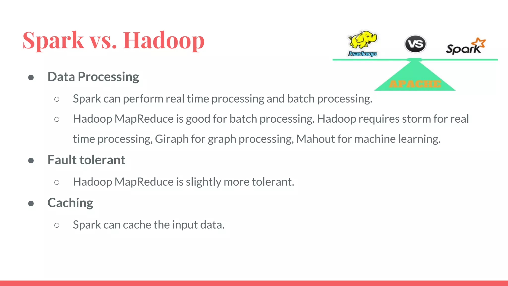 Spark vs. Hadoop
● Data Processing
○ Spark can perform real time processing and batch processing.
○ Hadoop MapReduce is good for batch processing. Hadoop requires storm for real
time processing, Giraph for graph processing, Mahout for machine learning.
● Fault tolerant
○ Hadoop MapReduce is slightly more tolerant.
● Caching
○ Spark can cache the input data.
 