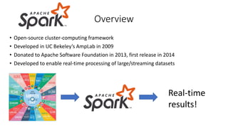 • Open-source cluster-computing framework
• Developed in UC Bekeley’s AmpLab in 2009
• Donated to Apache Software Foundation in 2013, first release in 2014
• Developed to enable real-time processing of large/streaming datasets
Overview
Real-time
results!
 
