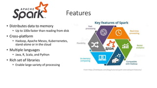 • Distributes data to memory
• Up to 100x faster than reading from disk
• Cross-platform
• Hadoop, Apache Mesos, Kubernenetes,
stand-alone or in the cloud
• Multiple languages
• Java, R, Scala, and Python
• Rich set of libraries
• Enable large variety of processing
Features
From https://intellipaat.com/blog/tutorial/spark-tutorial/spark-features/
 