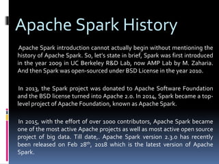 Apache Spark History
Apache Spark introduction cannot actually begin without mentioning the
history of Apache Spark. So, let’s state in brief, Spark was first introduced
in the year 2009 in UC Berkeley R&D Lab, now AMP Lab by M. Zaharia.
And then Spark was open-sourced under BSD License in the year 2010.
In 2013, the Spark project was donated to Apache Software Foundation
and the BSD license turned into Apache 2.0. In 2014, Spark became a top-
level project of Apache Foundation, known as Apache Spark.
In 2015, with the effort of over 1000 contributors, Apache Spark became
one of the most active Apache projects as well as most active open source
project of big data. Till date,. Apache Spark version 2.3.0 has recently
been released on Feb 28th, 2018 which is the latest version of Apache
Spark.
 