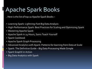 Apache Spark Books
. Here is the list of top 10 Apache Spark Books –
▪ Learning Spark: Lightning-Fast Big Data Analysis
▪ High-Performance Spark: Best Practices for Scaling and Optimizing Spark
▪ Mastering Apache Spark
▪ Apache Spark in 24 Hours, Sams Teach Yourself
▪ Spark Cookbook
▪ Apache Spark Graph Processing
▪ Advanced Analytics with Apark: Patterns for learning from Data at Scale
▪ Spark: The Definitive Guide – Big Data Processing Made Simple
▪ Spark GraphX in Action
▪ Big Data Analytics with Spark
 