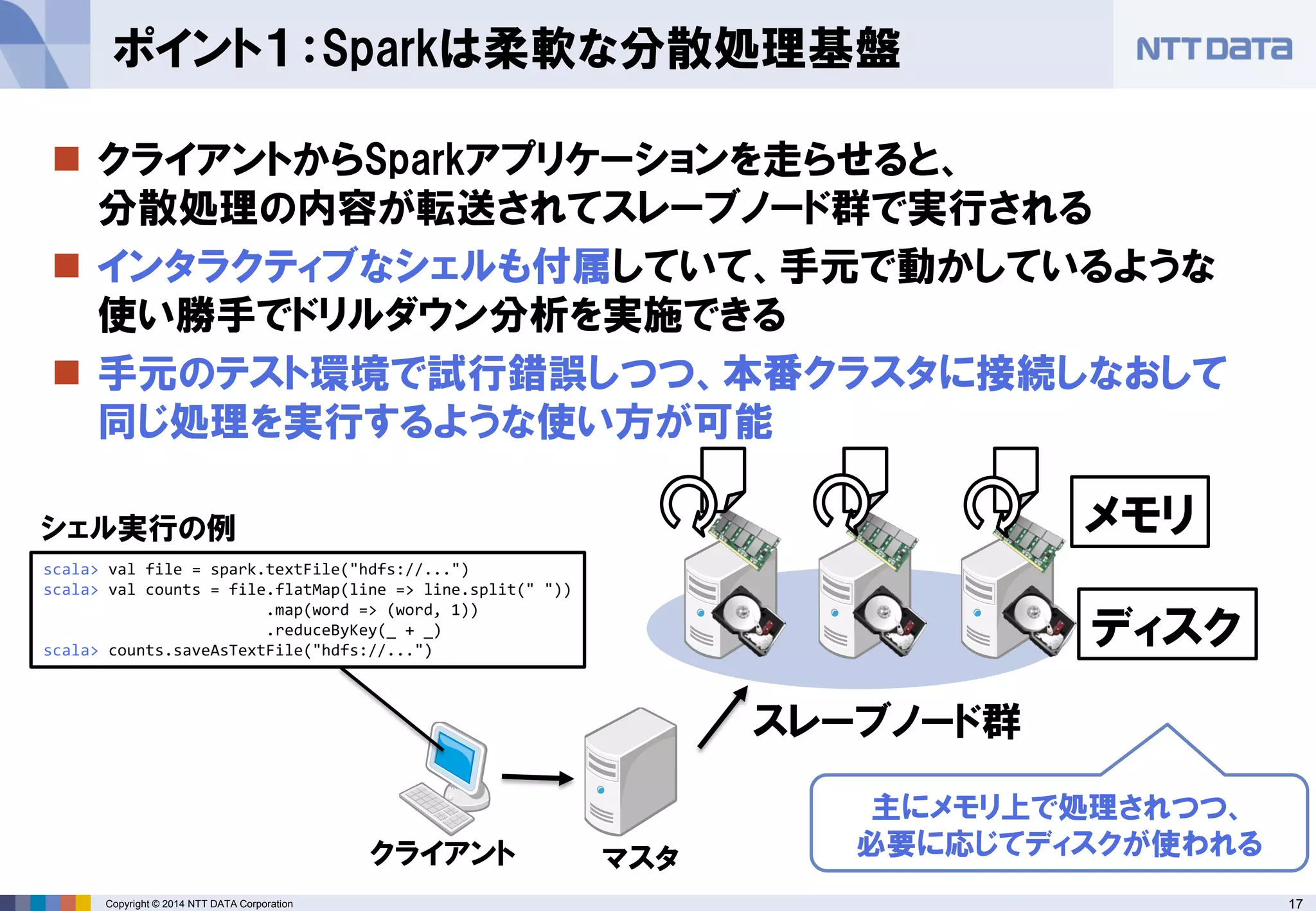 17Copyright © 2014 NTT DATA Corporation
 クライアントからSparkアプリケーションを走らせると、
分散処理の内容が転送されてスレーブノード群で実行される
 インタラクティブなシェルも付属していて、手元で動かしているような
使い勝手でドリルダウン分析を実施できる
 手元のテスト環境で試行錯誤しつつ、本番クラスタに接続しなおして
同じ処理を実行するような使い方が可能
ポイント１：Sparkは柔軟な分散処理基盤
マスタ
スレーブノード群
クライアント
scala> val file = spark.textFile("hdfs://...")
scala> val counts = file.flatMap(line => line.split(" "))
.map(word => (word, 1))
.reduceByKey(_ + _)
scala> counts.saveAsTextFile("hdfs://...")
メモリ
ディスク
主にメモリ上で処理されつつ、
必要に応じてディスクが使われる
シェル実行の例
 