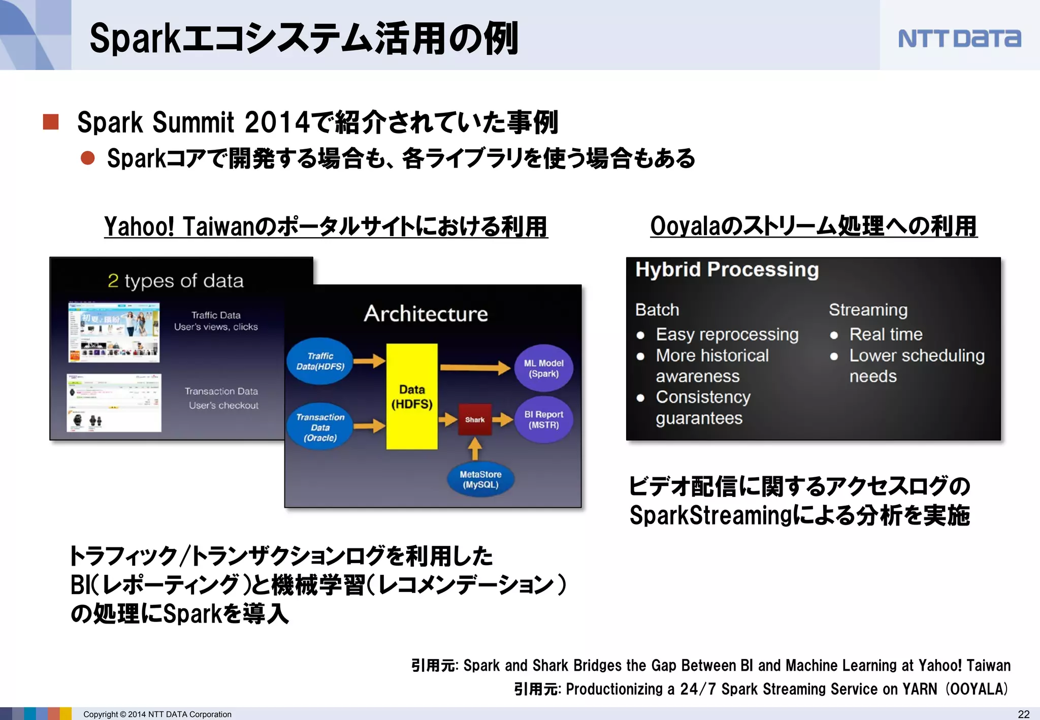 22Copyright © 2014 NTT DATA Corporation
 Spark Summit 2014で紹介されていた事例
 Sparkコアで開発する場合も、各ライブラリを使う場合もある
Sparkエコシステム活用の例
引用元: Spark and Shark Bridges the Gap Between BI and Machine Learning at Yahoo! Taiwan
Yahoo! Taiwanのポータルサイトにおける利用
トラフィック/トランザクションログを利用した
BI（レポーティング）と機械学習（レコメンデーション）
の処理にSparkを導入
Ooyalaのストリーム処理への利用
ビデオ配信に関するアクセスログの
SparkStreamingによる分析を実施
引用元: Productionizing a 24/7 Spark Streaming Service on YARN (OOYALA)
 