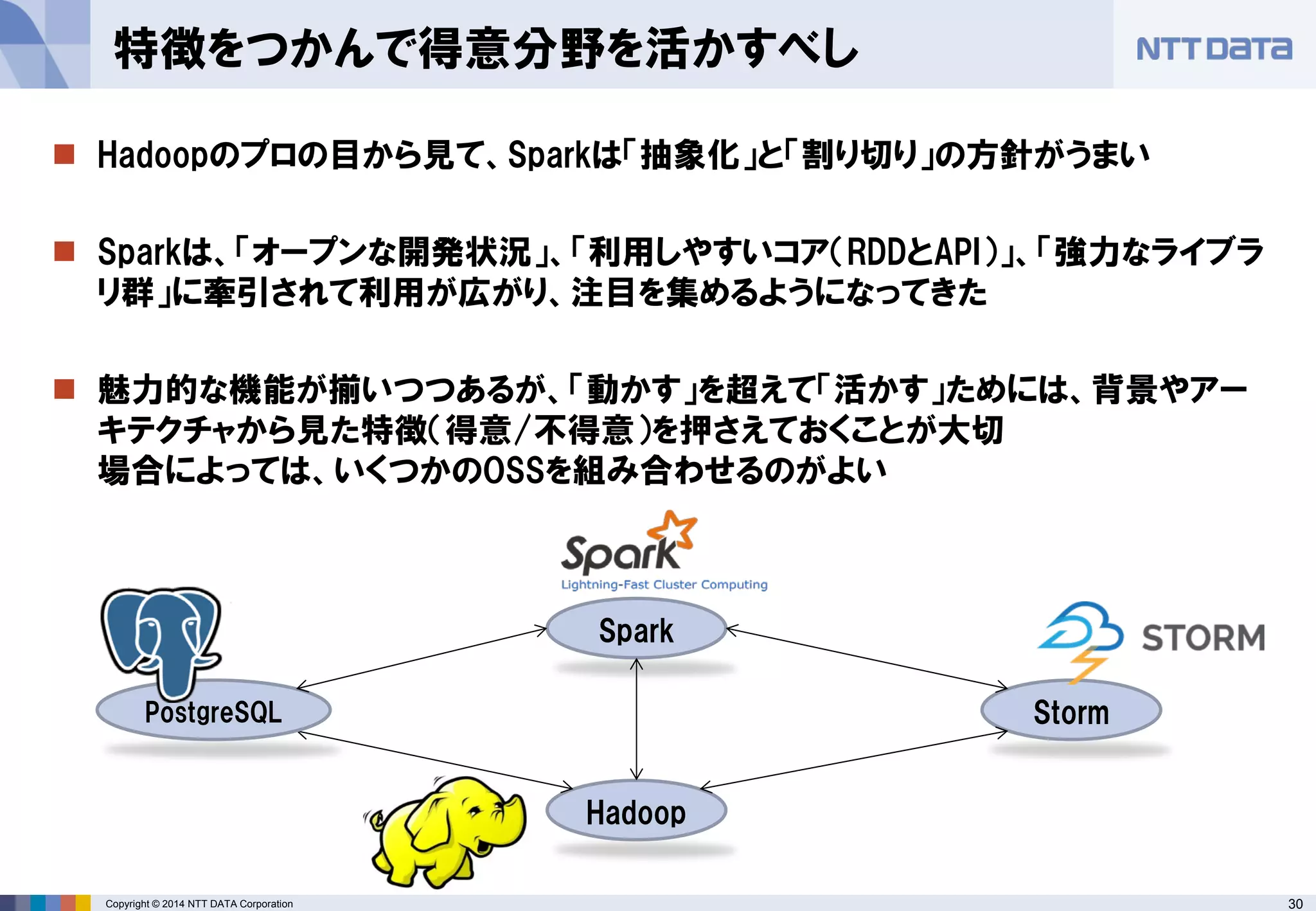 30Copyright © 2014 NTT DATA Corporation
特徴をつかんで得意分野を活かすべし
 Hadoopのプロの目から見て、Sparkは「抽象化」と「割り切り」の方針がうまい
 Sparkは、「オープンな開発状況」、「利用しやすいコア（RDDとAPI）」、「強力なライブラ
リ群」に牽引されて利用が広がり、注目を集めるようになってきた
 魅力的な機能が揃いつつあるが、「動かす」を超えて「活かす」ためには、背景やアー
キテクチャから見た特徴（得意/不得意）を押さえておくことが大切
場合によっては、いくつかのOSSを組み合わせるのがよい
Storm
Hadoop
Spark
PostgreSQL
 