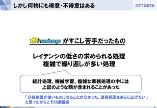 10Copyright © 2014 NTT DATA Corporation
しかし何物にも得意・不得意はある
がすこし苦手だったもの
レイテンシの低さの求められる処理
複雑で繰り返しが多い処理
統計処理、機械学習、複雑な業務処理の中には
上記のような類が含まれることがあった
「分散処理が使いものになることが分かった。適用範囲をさらに広げたい」
と思ったからこその課題感
 