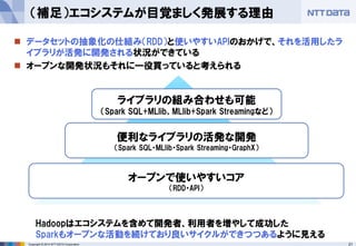 21Copyright © 2014 NTT DATA Corporation
 データセットの抽象化の仕組み（RDD）と使いやすいAPIのおかげで、それを活用したラ
イブラリが活発に開発される状況ができている
 オープンな開発状況もそれに一役買っていると考えられる
（補足）エコシステムが目覚ましく発展する理由
オープンで使いやすいコア
（RDD・API）
便利なライブラリの活発な開発
（Spark SQL・MLlib・Spark Streaming・GraphX）
ライブラリの組み合わせも可能
（Spark SQL+MLlib、MLlib+Spark Streamingなど）
Hadoopはエコシステムを含めて開発者、利用者を増やして成功した
Sparkもオープンな活動を続けており良いサイクルができつつあるように見える
 