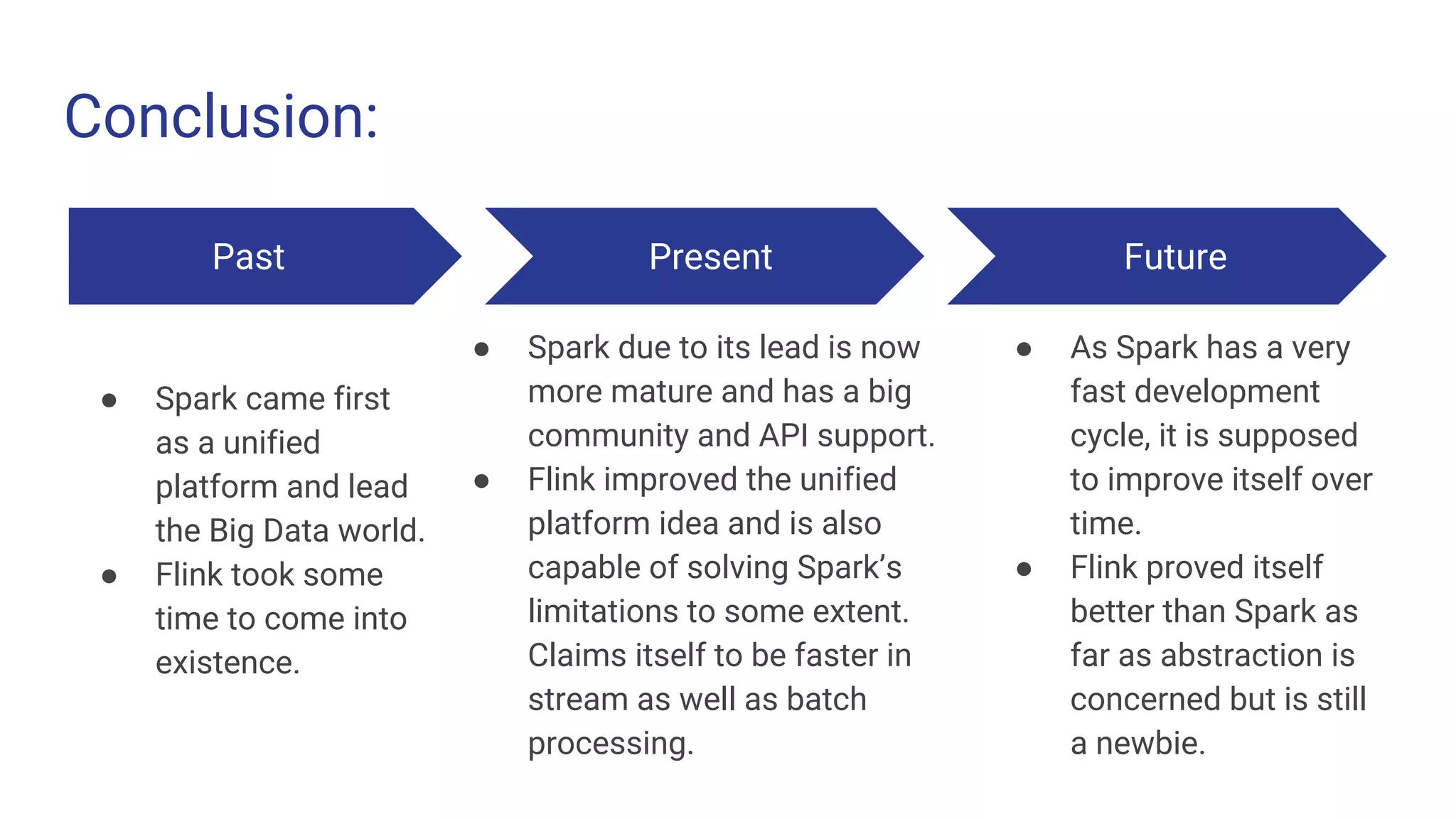 Conclusion:
Past
● Spark came first
as a unified
platform and lead
the Big Data world.
● Flink took some
time to come into
existence.
Present
● Spark due to its lead is now
more mature and has a big
community and API support.
● Flink improved the unified
platform idea and is also
capable of solving Spark’s
limitations to some extent.
Claims itself to be faster in
stream as well as batch
processing.
Future
● As Spark has a very
fast development
cycle, it is supposed
to improve itself over
time.
● Flink proved itself
better than Spark as
far as abstraction is
concerned but is still
a newbie.
 