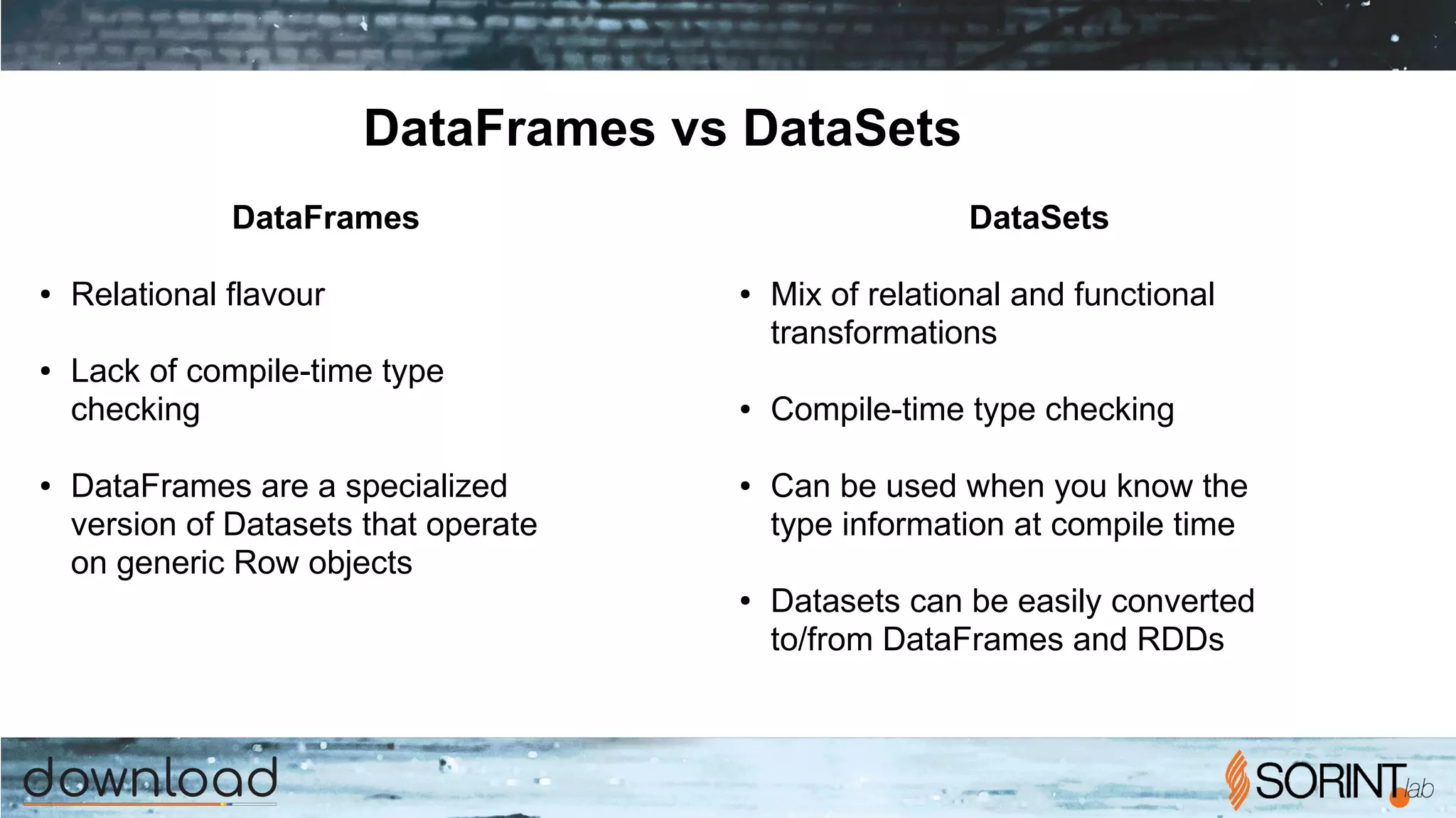 DataFrames vs DataSets
DataFrames
● Relational flavour
● Lack of compile-time type
checking
● DataFrames are a specialized
version of Datasets that operate
on generic Row objects
DataSets
● Mix of relational and functional
transformations
● Compile-time type checking
● Can be used when you know the
type information at compile time
● Datasets can be easily converted
to/from DataFrames and RDDs
 