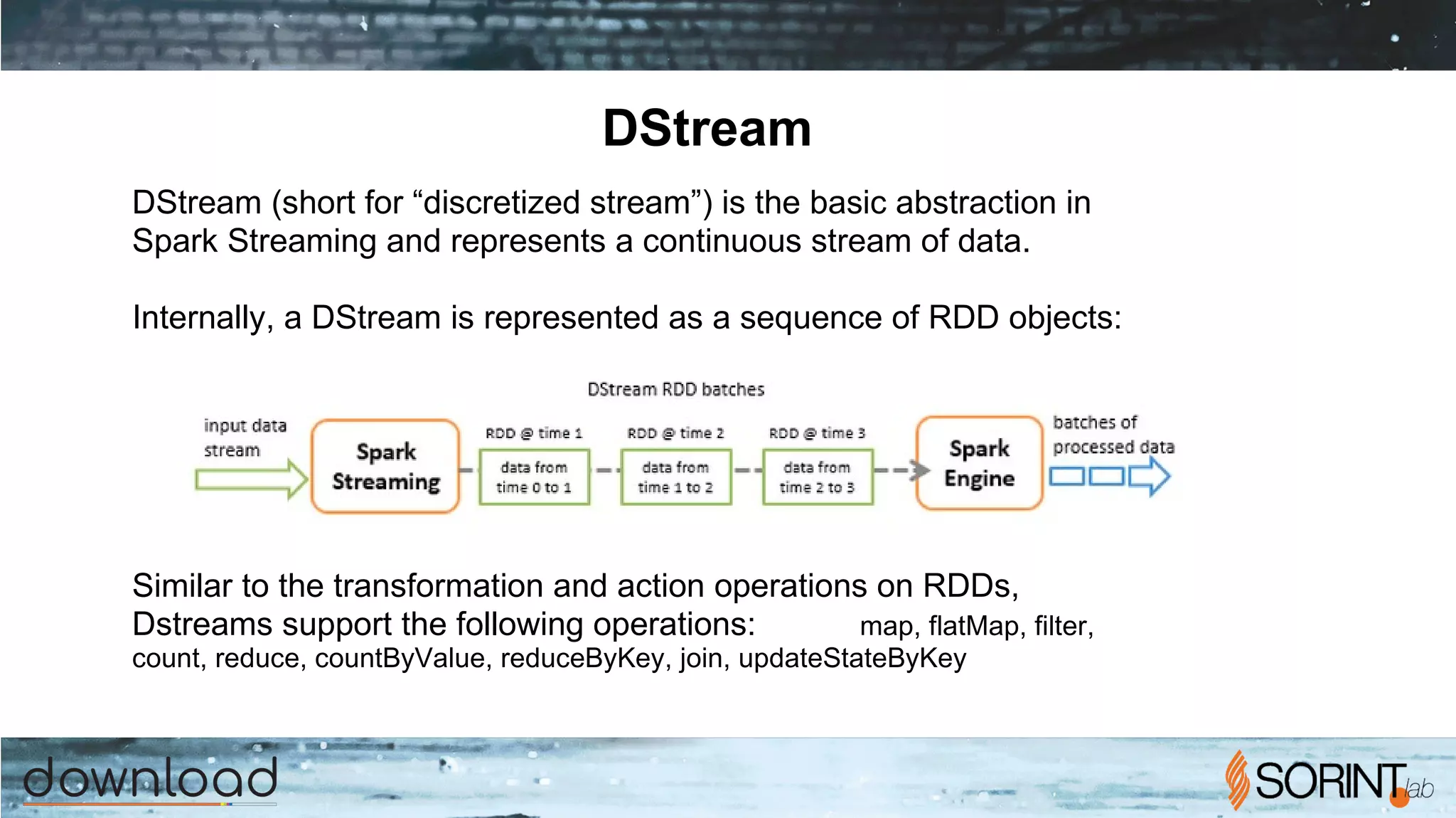 DStream
DStream (short for “discretized stream”) is the basic abstraction in
Spark Streaming and represents a continuous stream of data.
Internally, a DStream is represented as a sequence of RDD objects:
Similar to the transformation and action operations on RDDs,
Dstreams support the following operations: map, flatMap, filter,
count, reduce, countByValue, reduceByKey, join, updateStateByKey
 
