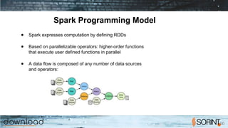 Spark Programming Model
● Spark expresses computation by defining RDDs
● Based on parallelizable operators: higher-order functions
that execute user defined functions in parallel
● A data flow is composed of any number of data sources
and operators:
 