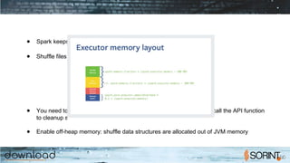 Shuffle “caching”
● Spark keeps shuffle files so that they can be re-used
● Shuffle files live in the driver program memory until GC is triggered
● You need to trigger a GC event on the worker to free the memory or call the API function
to cleanup shuffle memory
● Enable off-heap memory: shuffle data structures are allocated out of JVM memory
 